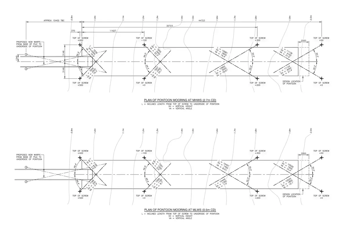 Technical drawing showing two plans of pontoon mooring arrangements with labeled dimensions, anchor lines, and positions for MW units at MHWS 21m (top) and MHWS 16.8m (bottom).