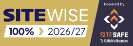 SITEWISE 100% 2026/27 badge, powered by Site Safe Te Kaitiaki o Haumaru, displayed on a gold and dark blue background.
